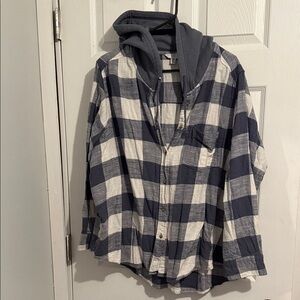 Time and Tru Navy and White Plaid Hooded Button-Down Shacklet